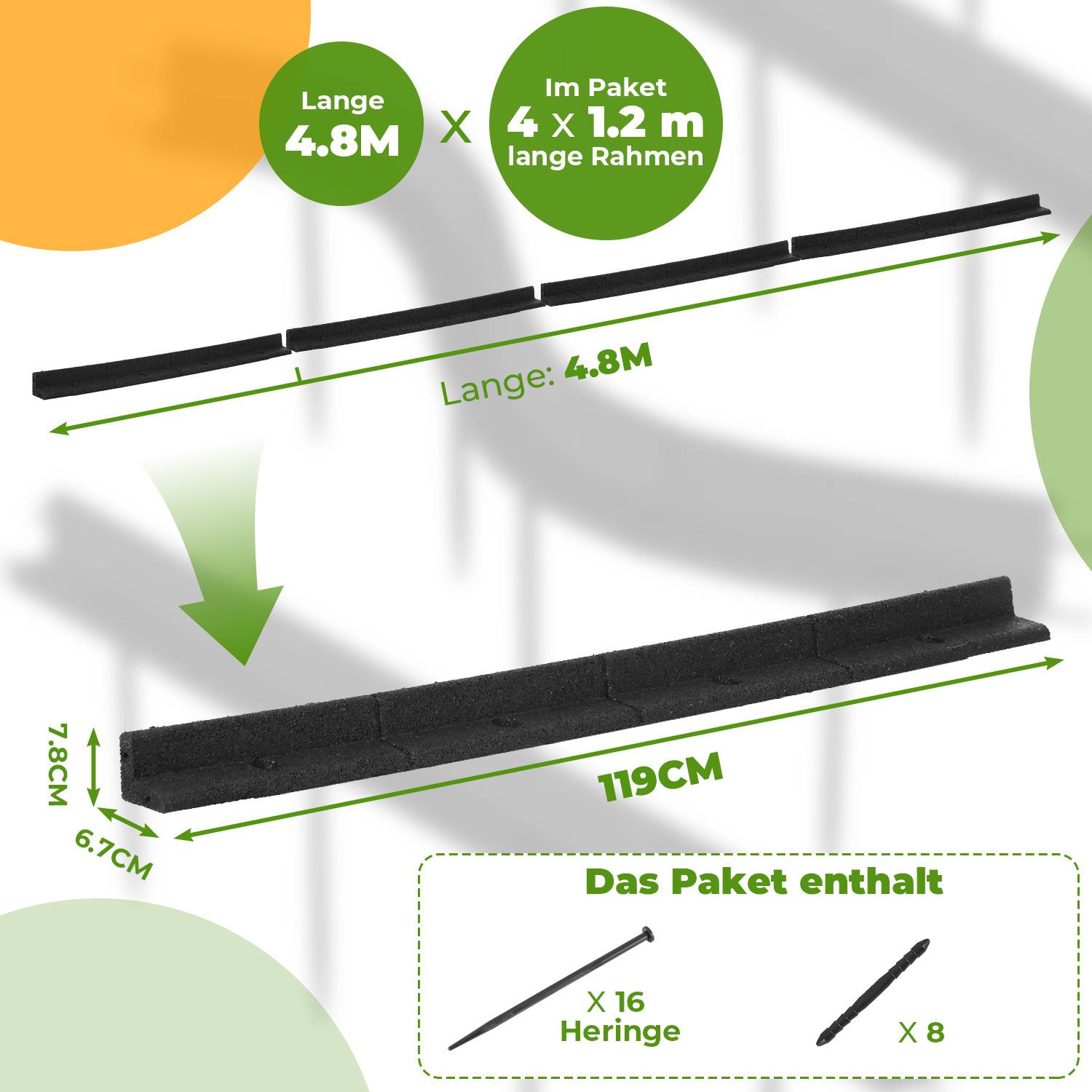 4er Set 4,8 m Rasenkante Beeteinfassung Gartenpalisade Gummi Schwarz mit 16 Erdankern & 8 Verbindern