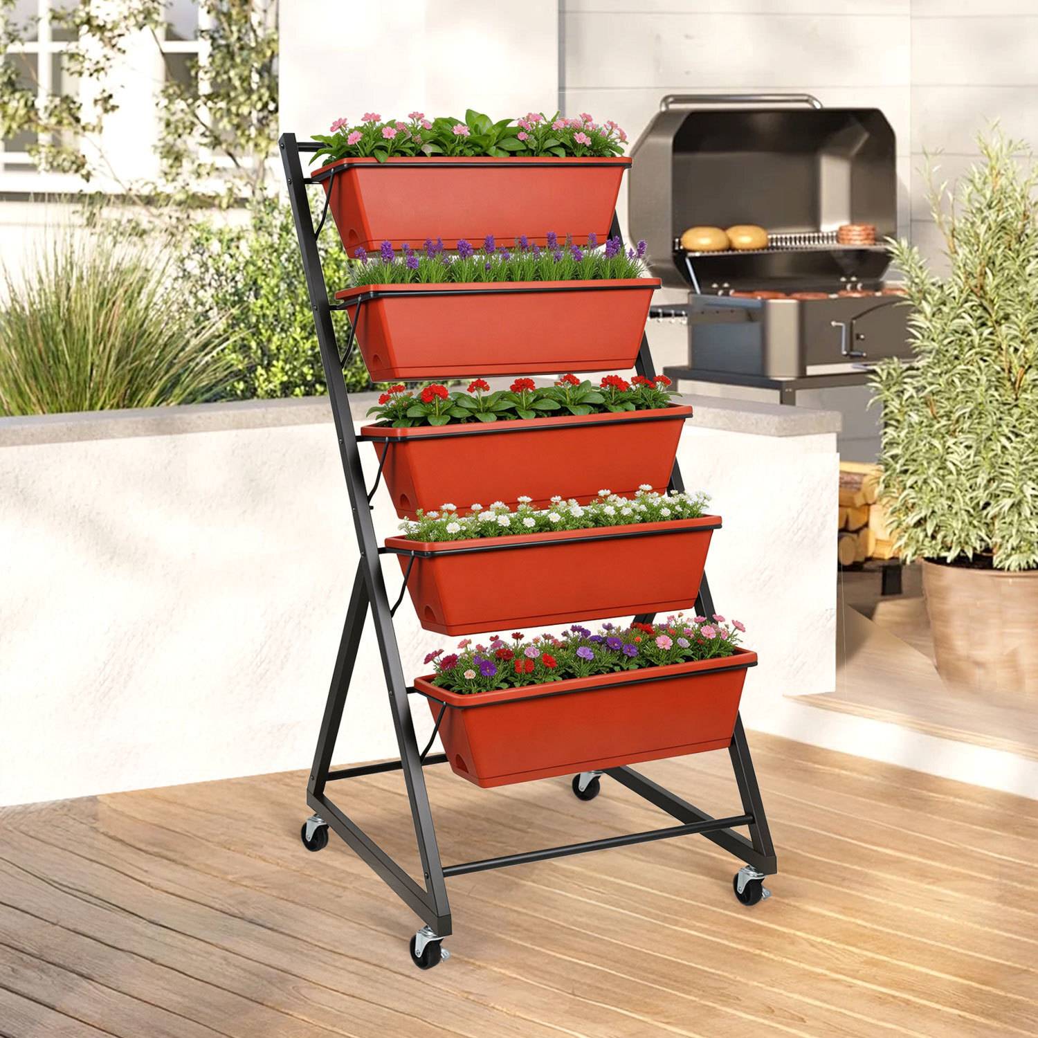 5-stufiges Hochbeet, 56 x 64 x 121 cm Pflanzenbeet mit 5 Behälterboxen & Drainagelöchern, Vertikalbeet freistehend, Gartenpflanzer für Gemüse