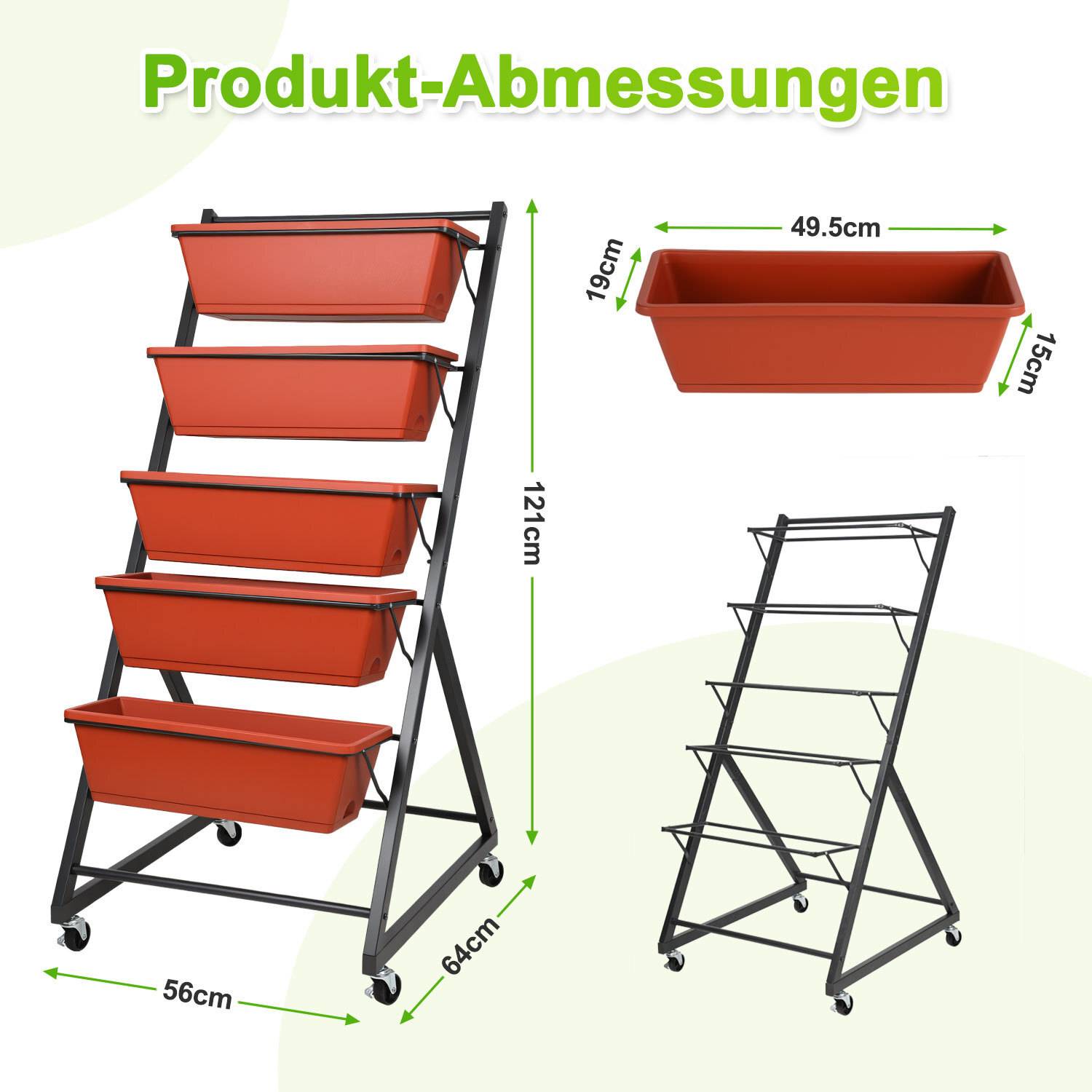 5-stufiges Hochbeet, 56 x 64 x 121 cm Pflanzenbeet mit 5 Behälterboxen & Drainagelöchern, Vertikalbeet freistehend, Gartenpflanzer für Gemüse