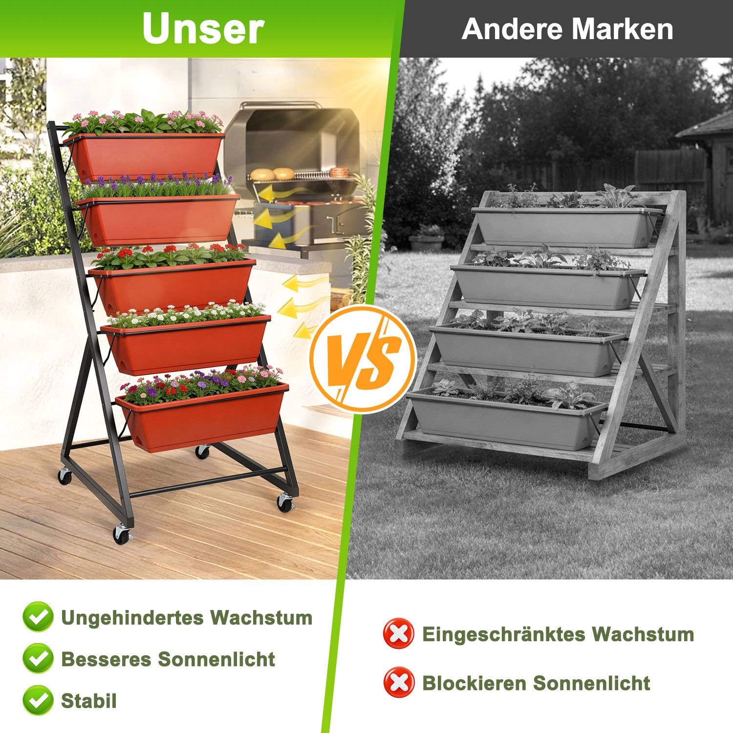 5-stufiges Hochbeet, 56 x 64 x 121 cm Pflanzenbeet mit 5 Behälterboxen & Drainagelöchern, Vertikalbeet freistehend, Gartenpflanzer für Gemüse