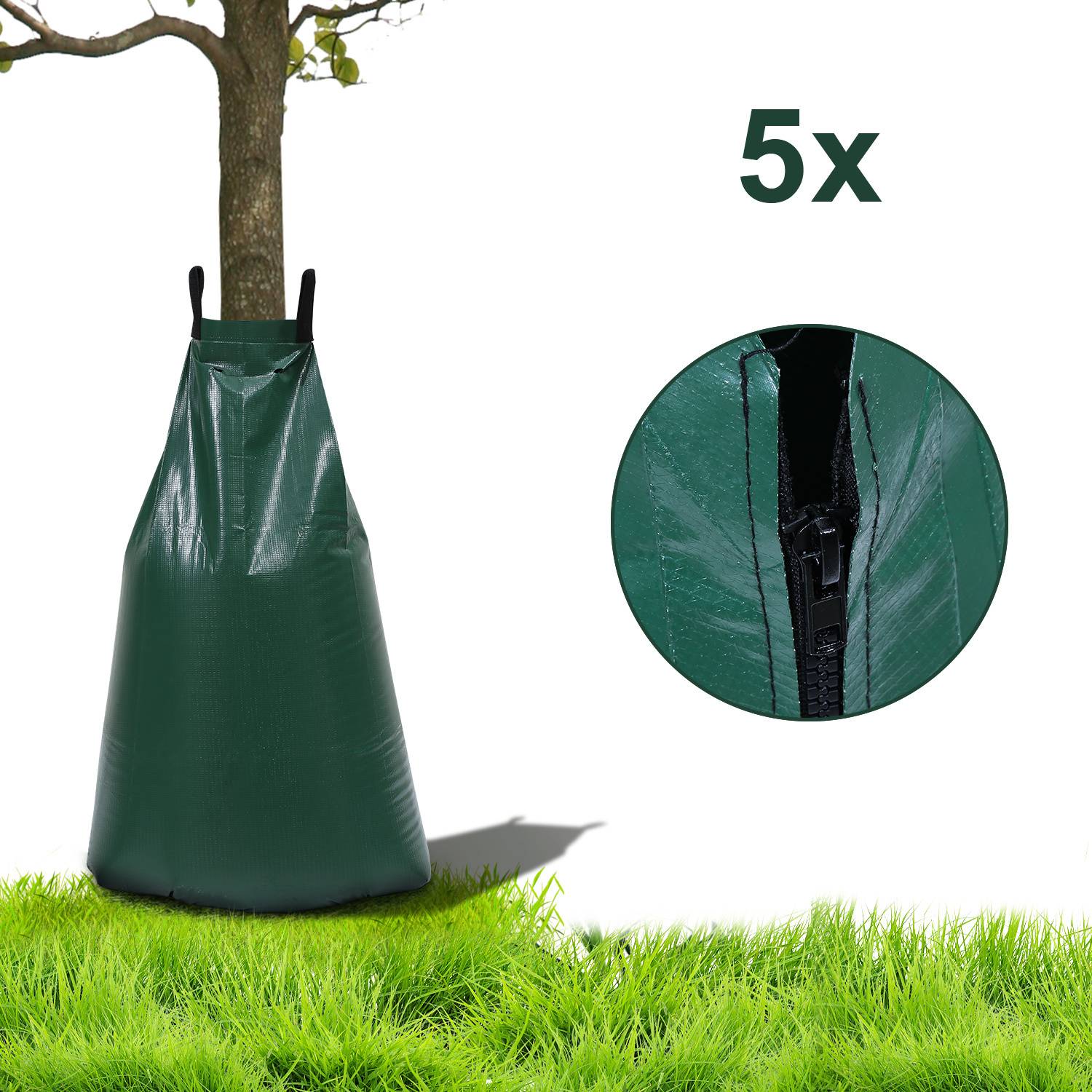 5er-Set Bewässerungssack für Bäume 75 l, Tropfbewässerung 6–10 Stunden, UV-beständiges PVC 500D, für Stämme 5–20 cm