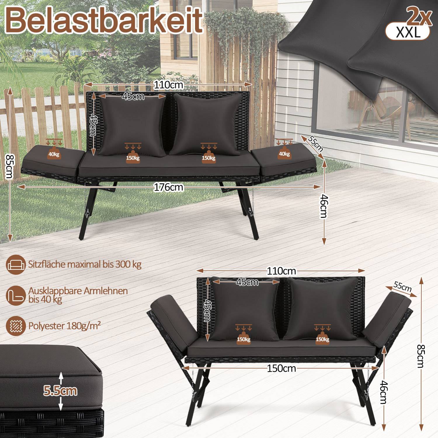 Gartenbank Farbwahl 3-Sitzer Polyrattan Rattanmöbel Garnitur Möbel Rattanlounge Grau