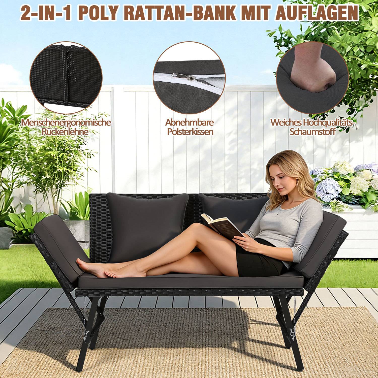 Gartenbank Lounge Sessel Outdoor Loungemöbel Polyrattan Sitzmöbel Sitzgruppe Grau
