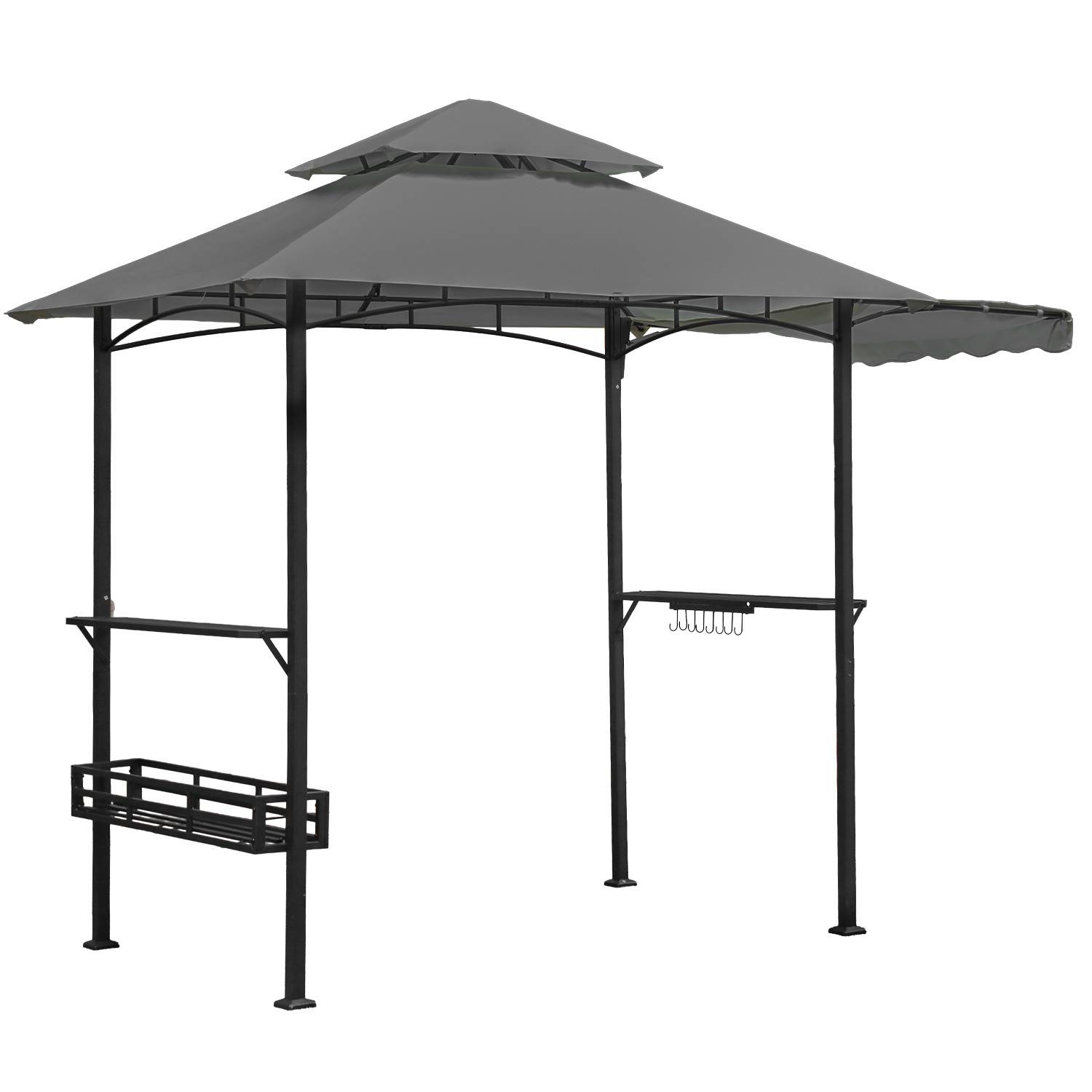 Grillpavillon wetterfest, Grillüberdachungen mit Seitenmarkise, Doppeldach, Seitenregalen, Haken & Flaschenöffner 238 x 148 x 250 cm,Grau