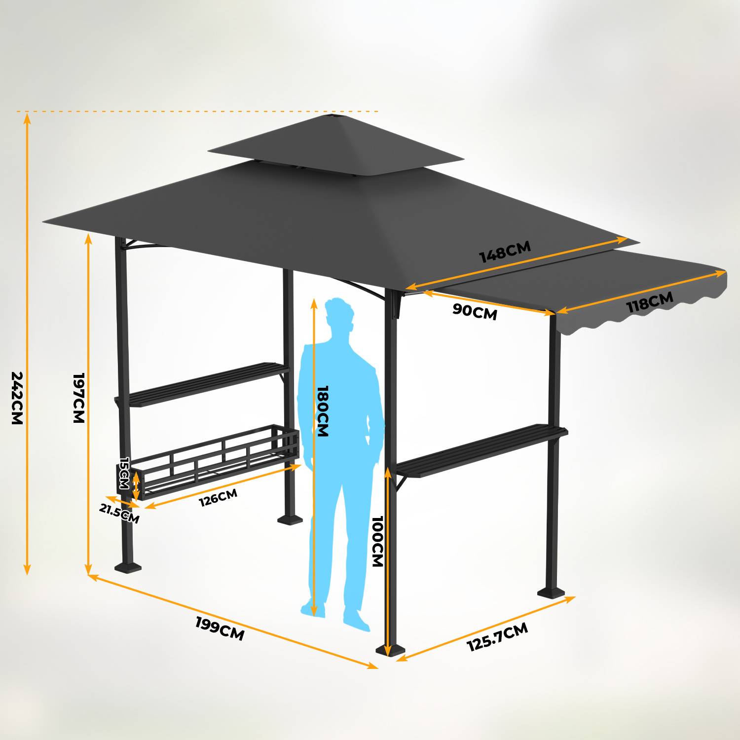 Grillpavillon wetterfest, Grillüberdachungen mit Seitenmarkise, Doppeldach, Seitenregalen, Haken & Flaschenöffner 238 x 148 x 250 cm,Grau