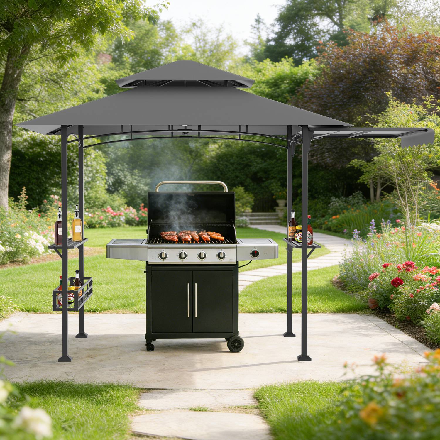 Grillpavillon wetterfest, Grillüberdachungen mit Seitenmarkise, Doppeldach, Seitenregalen, Haken & Flaschenöffner 238 x 148 x 250 cm,Grau