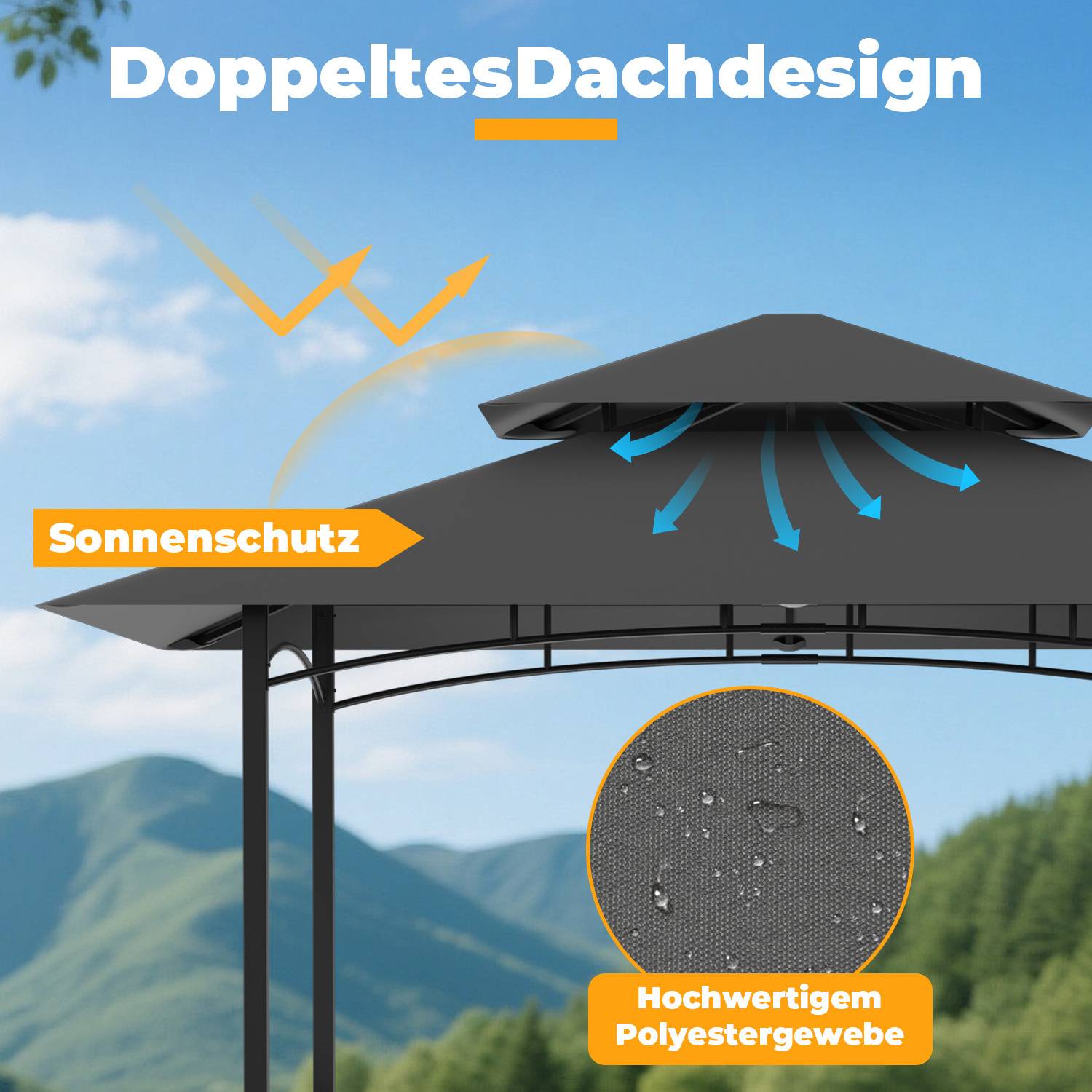Grillpavillon wetterfest, Grillüberdachungen mit Seitenmarkise, Doppeldach, Seitenregalen, Haken & Flaschenöffner 238 x 148 x 250 cm,Grau