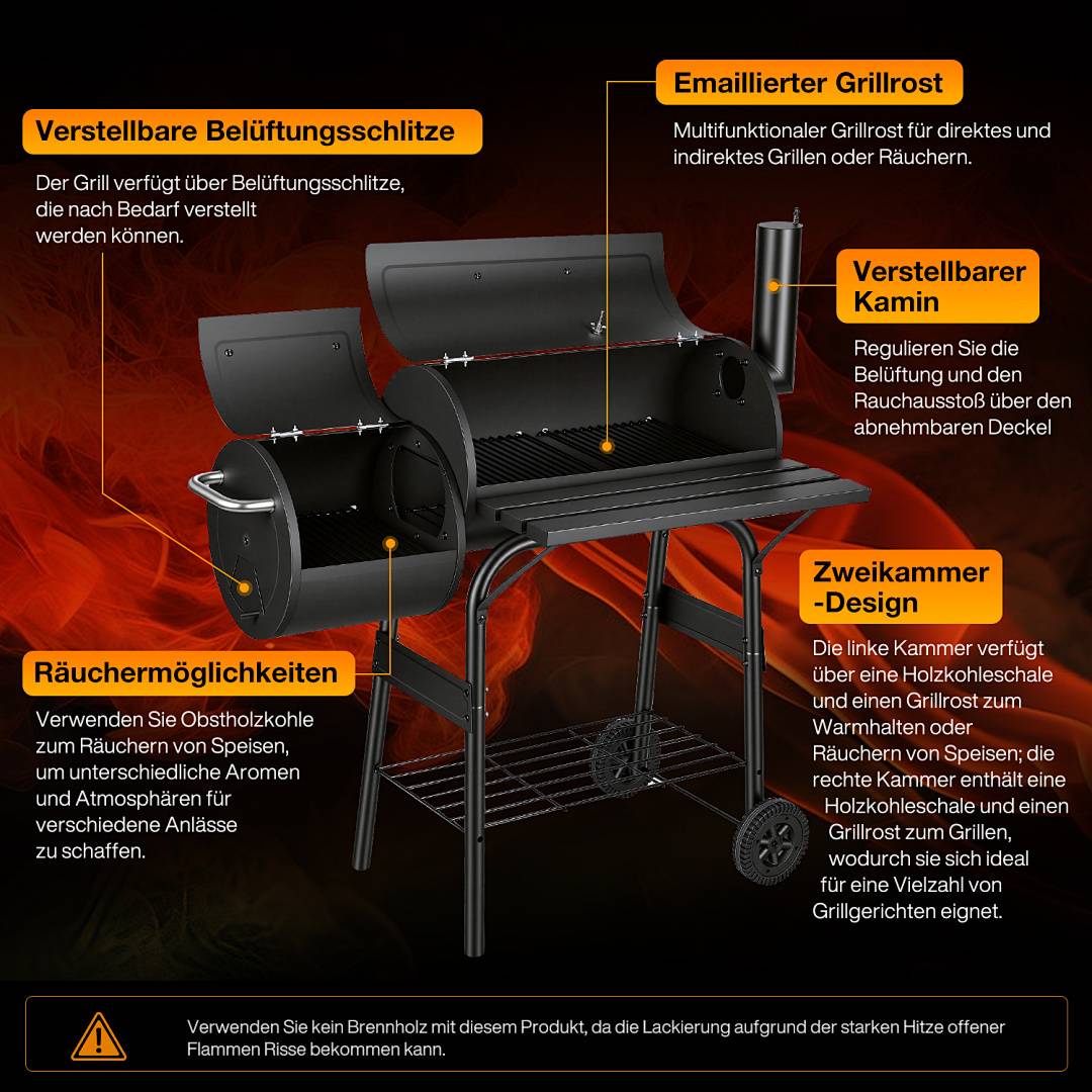 Holzkohlengrill mit Grillrost, Grillstation auf Rollen mit 2 Kammern, Grillwagen Gartengrill mit 2 Rädern und Temperaturanzeige