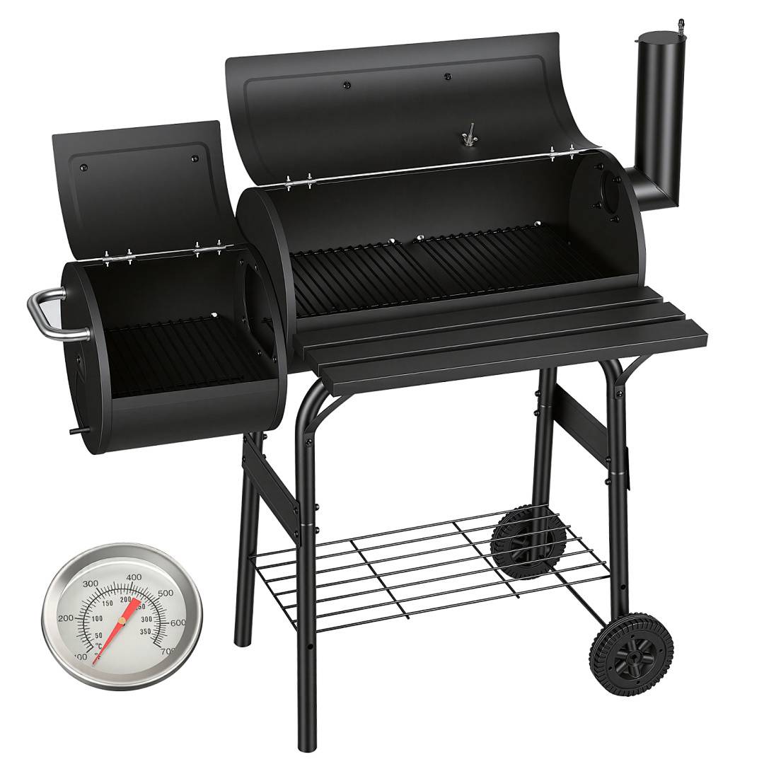 Holzkohlengrill mit Grillrost, Grillstation auf Rollen mit 2 Kammern, Grillwagen Gartengrill mit 2 Rädern und Temperaturanzeige