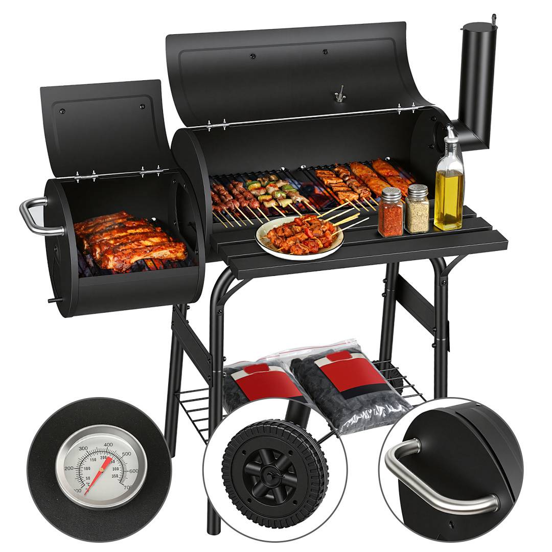 Holzkohlegrill, Schwarz Grillstation auf Rollen mit 2 Kammern, Grillwagen Outdoor Kohlegrill mit 2 Rädern und Temperaturanzeige