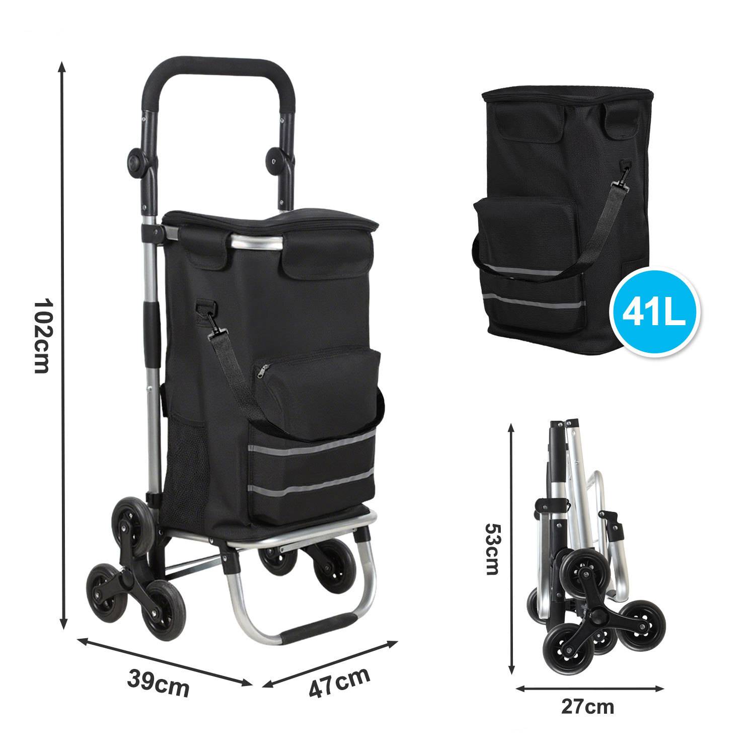 Treppensteiger Einkaufstrolley 51L Klappbar, 6-Rollen Einkaufswagen mit Kühlfach, 3-in-1 Shopper Treppenhilfe