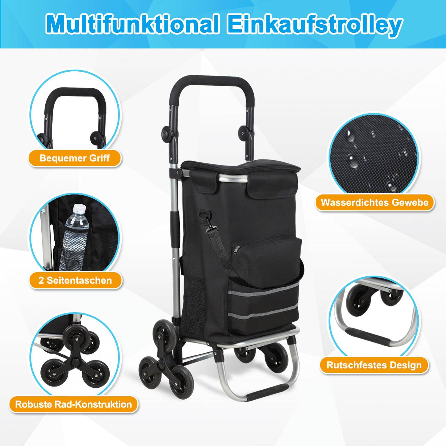 Treppensteiger Einkaufstrolley 51L Klappbar, 6-Rollen Einkaufswagen mit Kühlfach, 3-in-1 Shopper Treppenhilfe