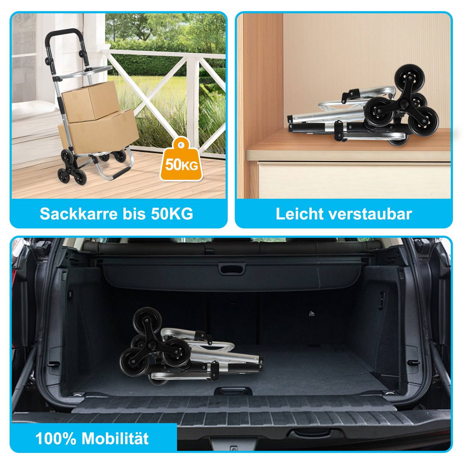 Treppensteiger Einkaufstrolley 51L Klappbar, 6-Rollen Einkaufswagen mit Kühlfach, 3-in-1 Shopper Treppenhilfe