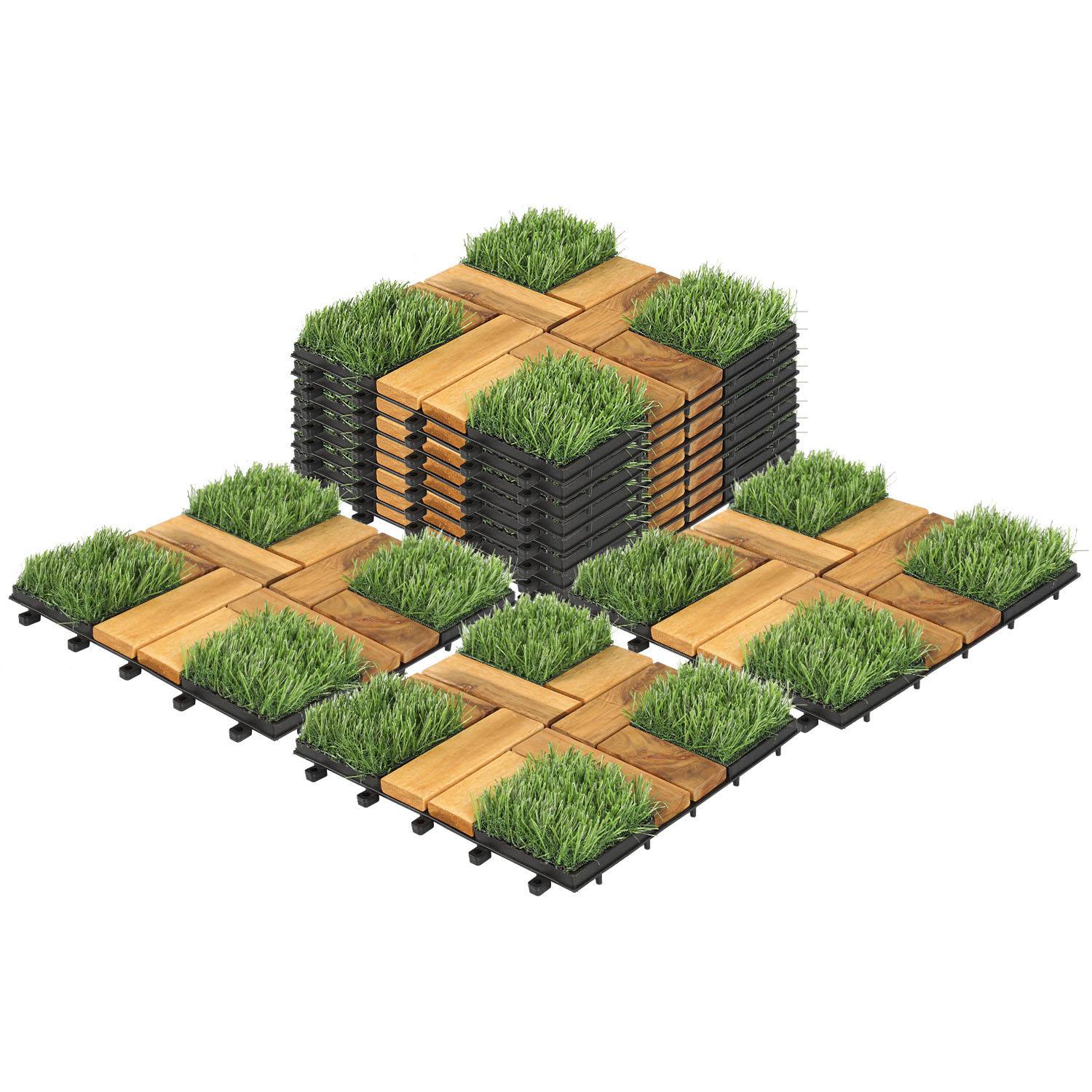 11 Stück Holzfliesen mit Kunstrasen 1 qm, 30x30cm Terrassenfliesen Klickfliesen Balkonfliesen mit Drainagensystem, Wetterfest aus Akazienholz