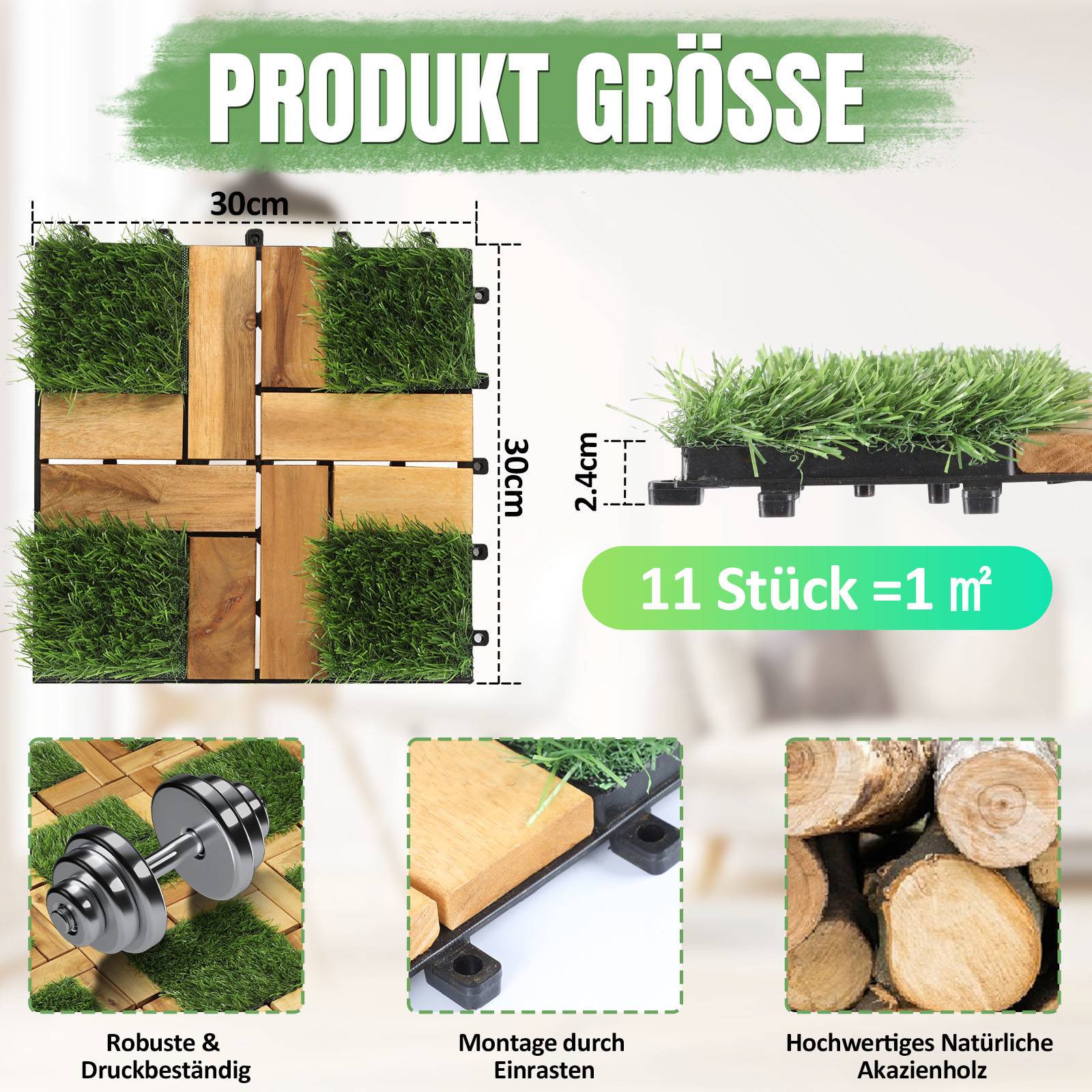11 Stück Holzfliesen mit Kunstrasen 1 qm, 30x30cm Terrassenfliesen Klickfliesen Balkonfliesen mit Drainagensystem, Wetterfest aus Akazienholz
