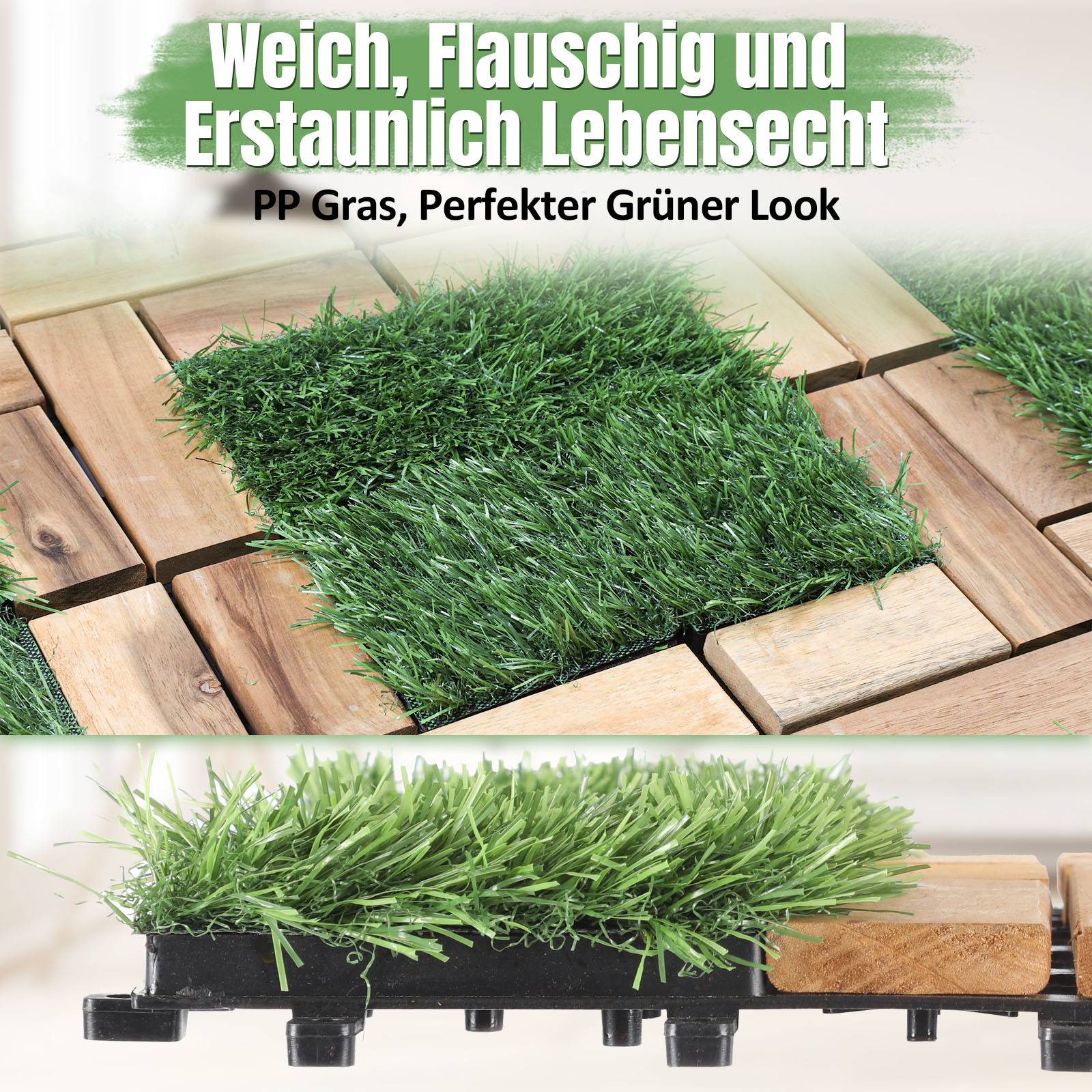 11 Stück Holzfliesen mit Kunstrasen 1 qm, 30x30cm Terrassenfliesen Klickfliesen Balkonfliesen mit Drainagensystem, Wetterfest aus Akazienholz