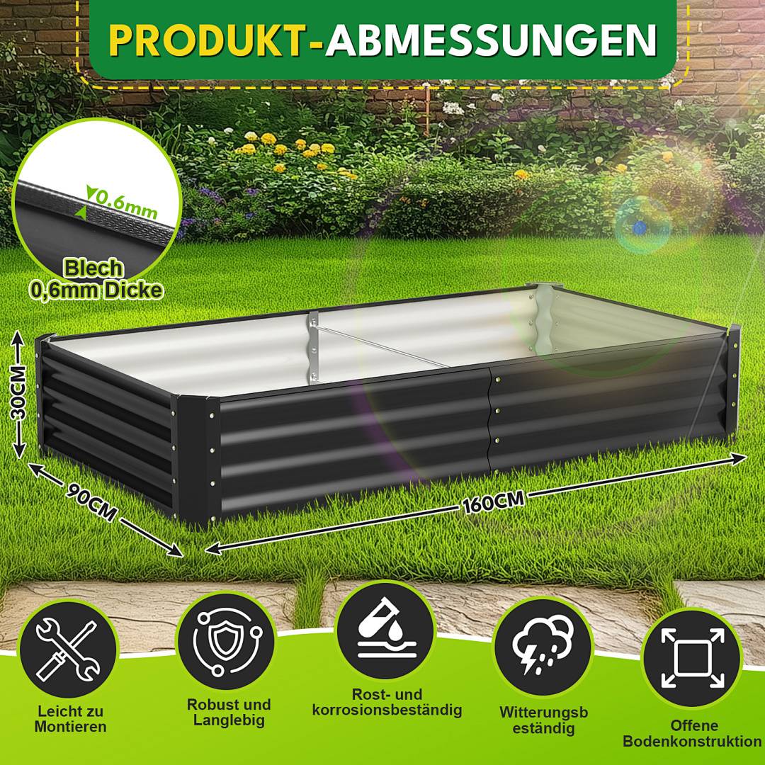 Hochbeet Metall 160x90x30cm Gartenbeet Verzinkt Pflanzkasten für Gemüse & Kräuter, Stabiles Hochpflanzbeet Wetterfest Bodenlos mit Stützstange, Gr
