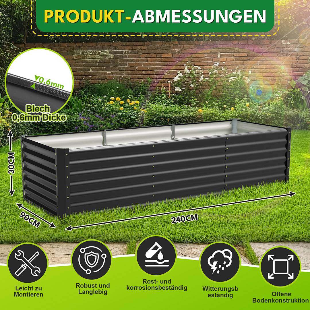 XXL Hochbeet aus Metall 240x90x60cm Garten Verzinkt, Stabiles Gemüsebeet Wetterfest & Rostfrei, Hochpflanzbeet mit Kantenschutz für Kräuter, Bodenl