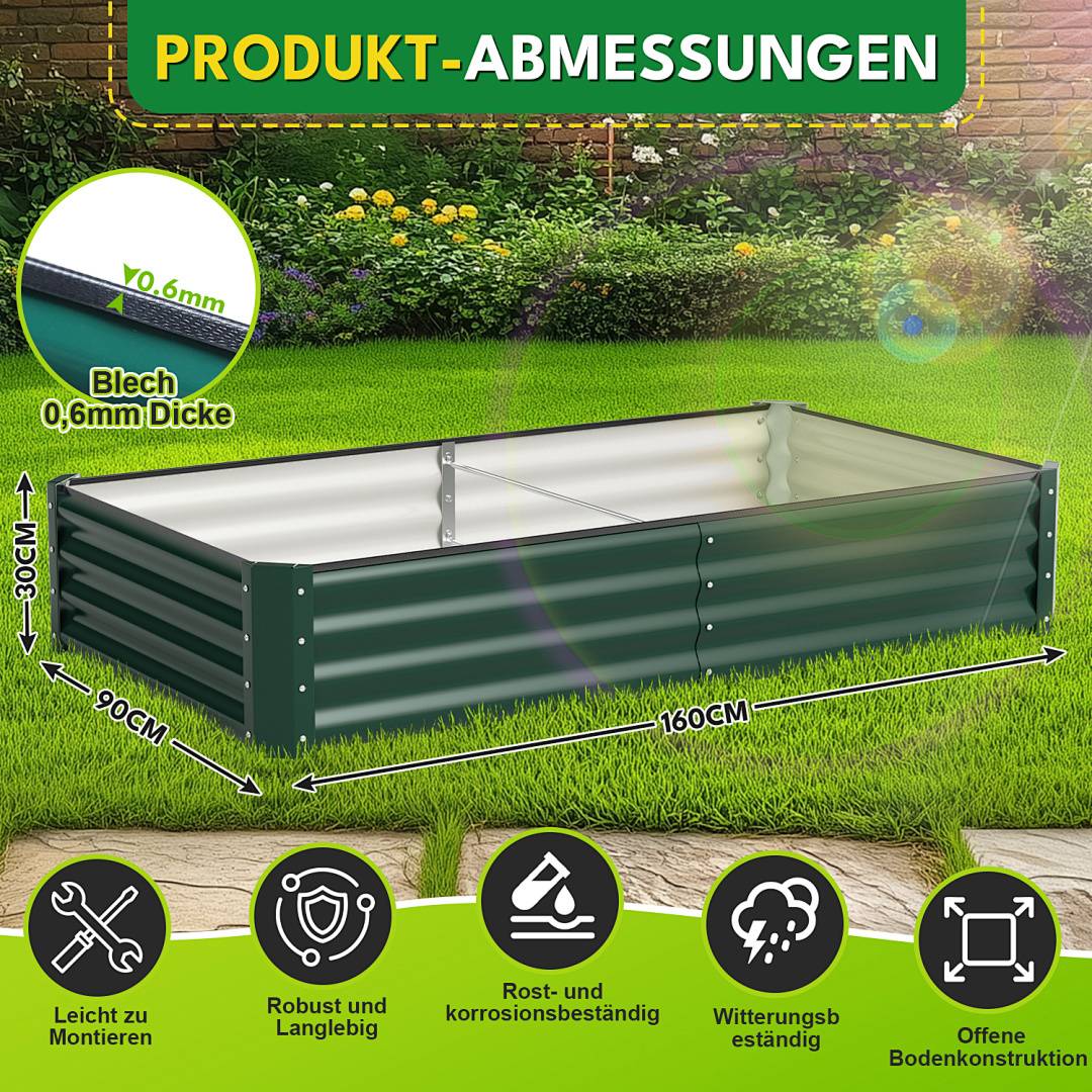 Hochbeet Metall 160x90x30cm Gartenbeet Verzinkt Pflanzkasten für Gemüse & Kräuter, Stabiles Hochpflanzbeet Wetterfest Bodenlos mit Stützstange, Sc