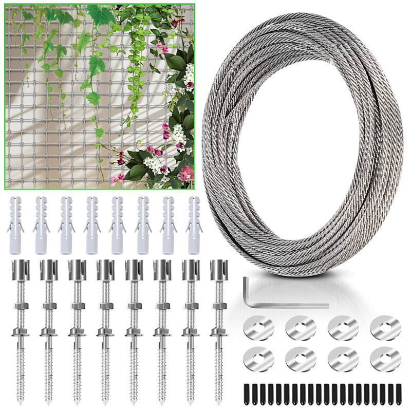 Edelstahl Rankhilfe Drahtseil Set 12m x 3mm – Pflanzen Kletterhilfe Seilsystem für Garten mit Kreuzklemmen & Dübeln