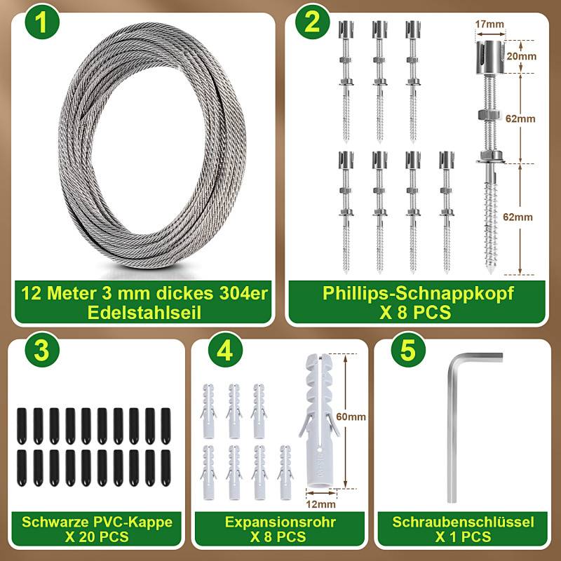 Edelstahl Rankhilfe Drahtseil Set 12m x 3mm – Pflanzen Kletterhilfe Seilsystem für Garten mit Kreuzklemmen & Dübeln
