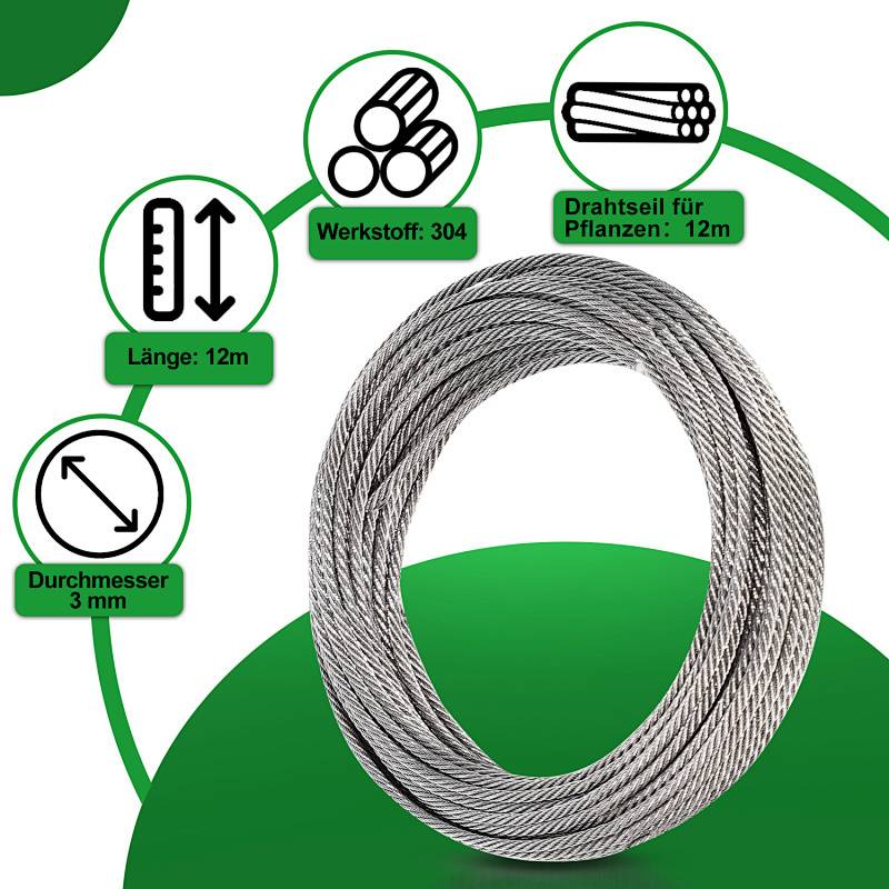 Edelstahl Rankhilfe Drahtseil Set 12m x 3mm – Pflanzen Kletterhilfe Seilsystem für Garten mit Kreuzklemmen & Dübeln