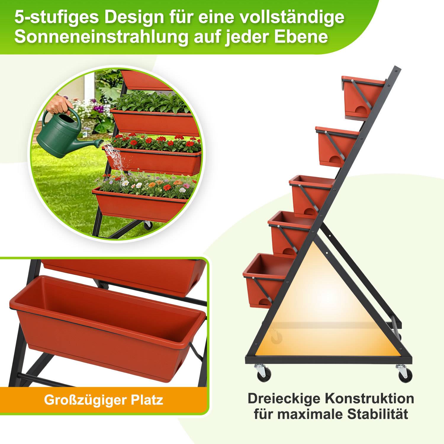 5-stufiges Hochbeet, 56 x 64 x 121 cm Pflanzenbeet mit 5 Behälterboxen & Drainagelöchern, Vertikalbeet freistehend, Gartenpflanzer für Gemüse