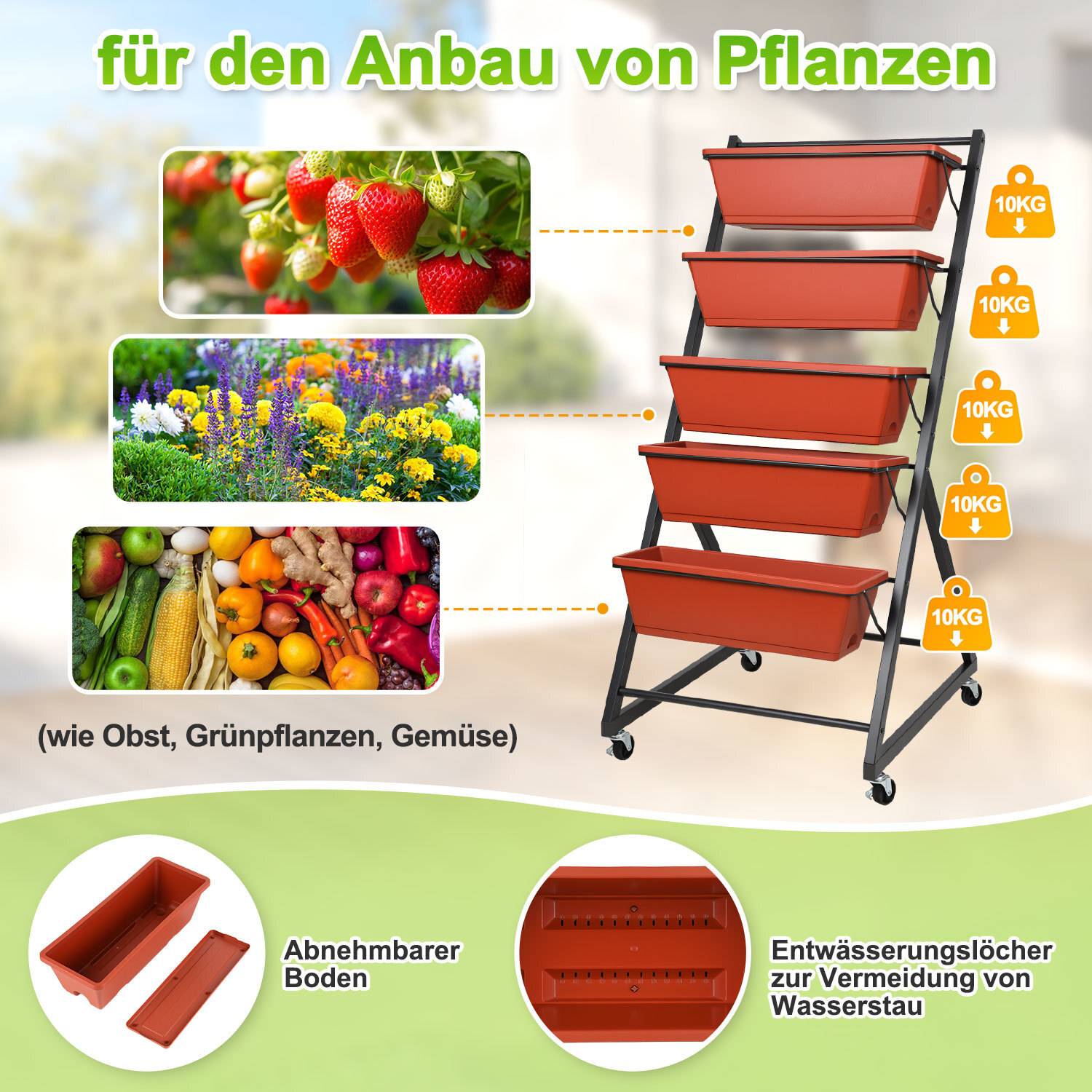 5-stufiges Hochbeet, 56 x 64 x 121 cm Pflanzenbeet mit 5 Behälterboxen & Drainagelöchern, Vertikalbeet freistehend, Gartenpflanzer für Gemüse