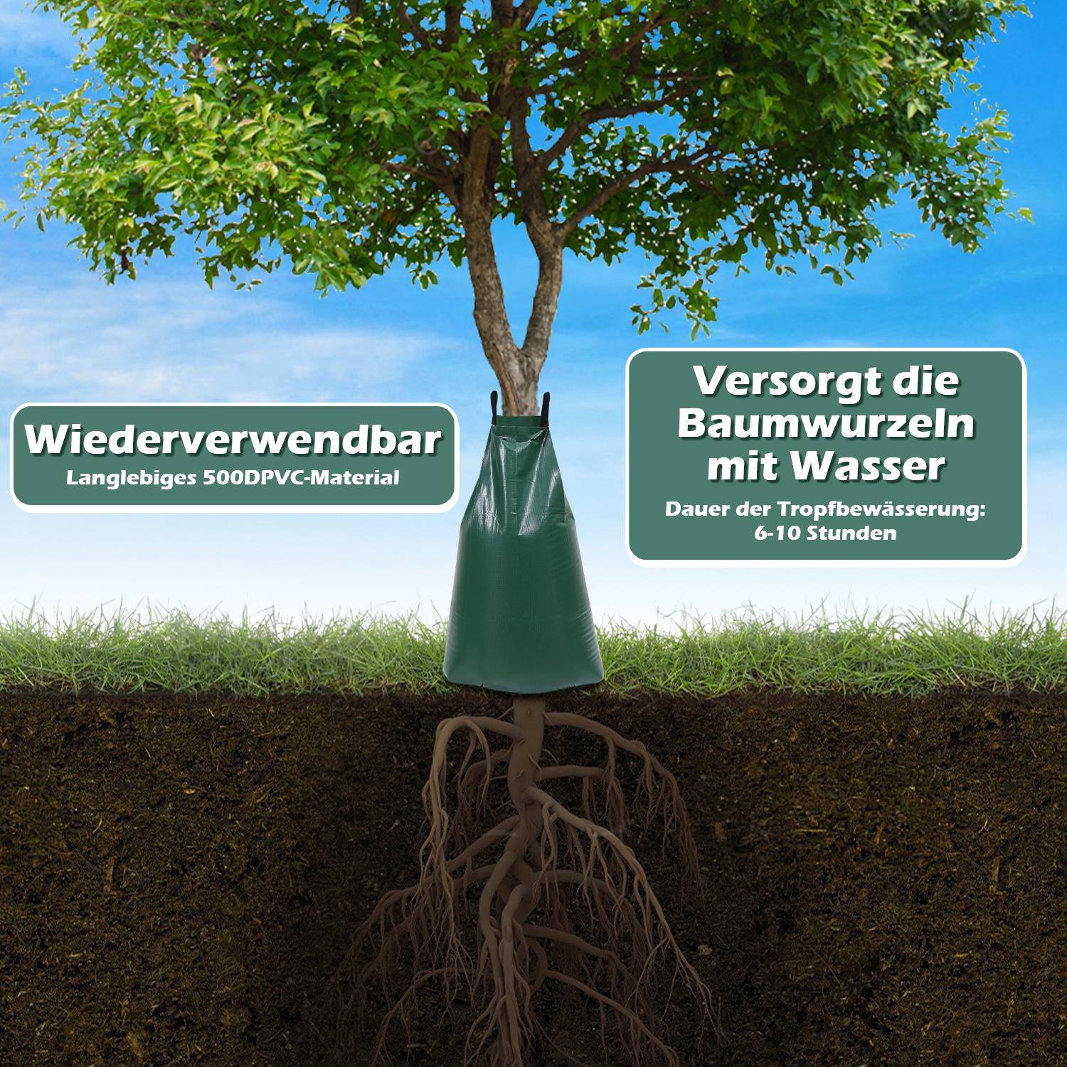 5er-Set Bewässerungssack für Bäume 75 l, Tropfbewässerung 6–10 Stunden, UV-beständiges PVC 500D, für Stämme 5–20 cm