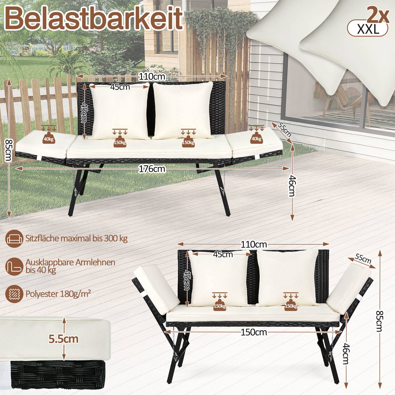 Gartenbank Farbwahl 3-Sitzer Polyrattan Rattanmöbel Garnitur Möbel Rattanlounge Beige