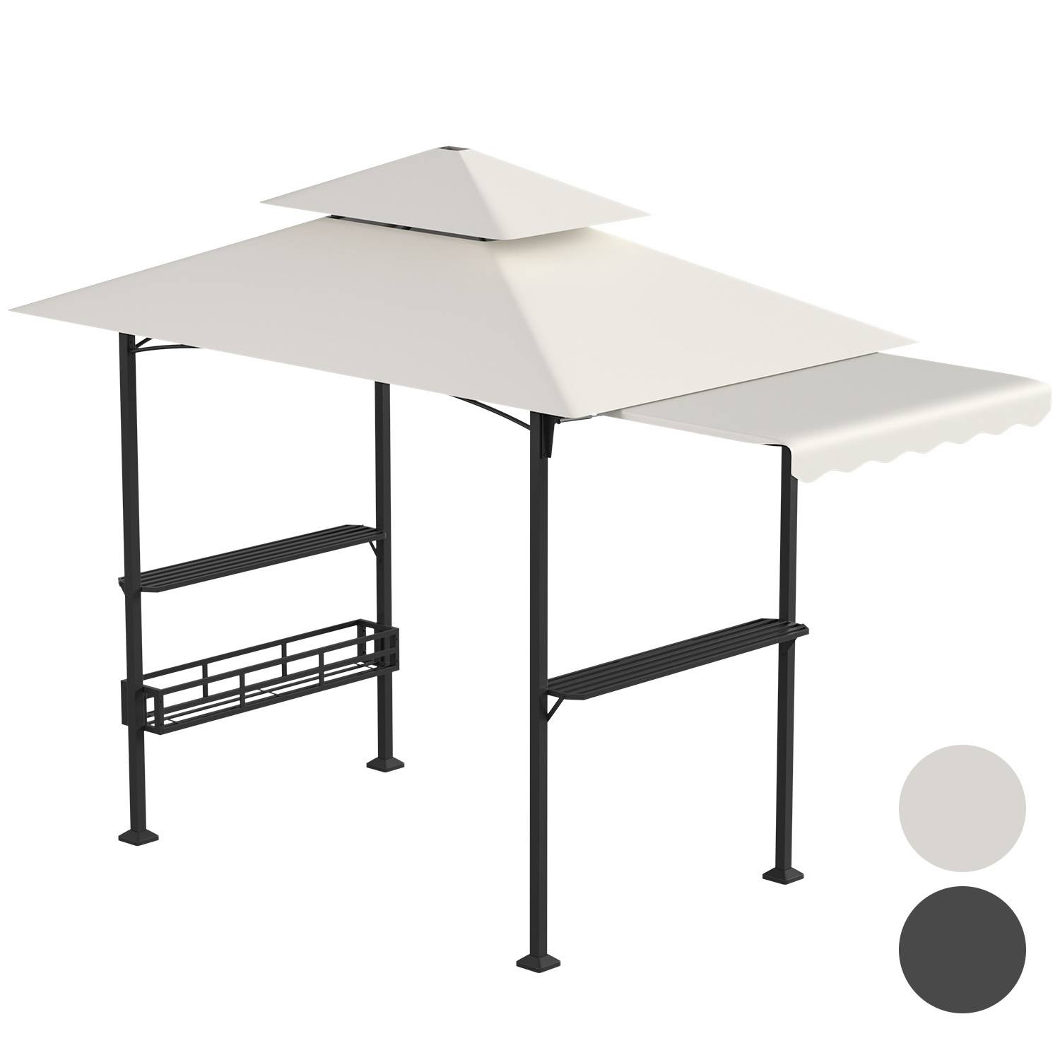 Grillpavillon wetterfest, Grillüberdachungen mit Seitenmarkise, Doppeldach, Seitenregalen, Haken & Flaschenöffner 238 x 148 x 250 cm,Beige