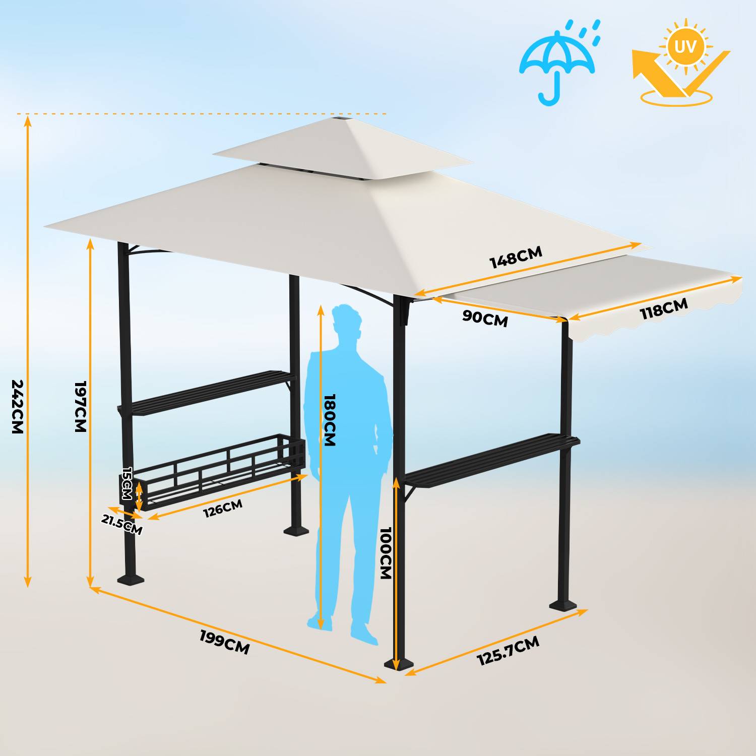 Grillpavillon wetterfest, Grillüberdachungen mit Seitenmarkise, Doppeldach, Seitenregalen, Haken & Flaschenöffner 238 x 148 x 250 cm,Beige
