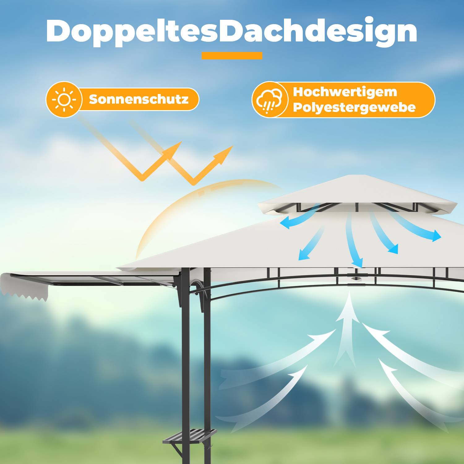 Grillpavillon wetterfest, Grillüberdachungen mit Seitenmarkise, Doppeldach, Seitenregalen, Haken & Flaschenöffner 238 x 148 x 250 cm,Beige