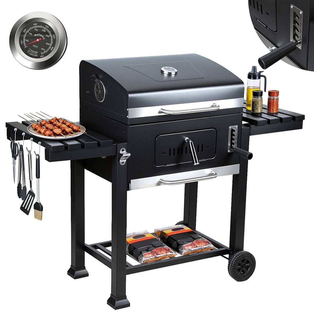 Holzkohlegrill, Gartengrill mit 2 Rädern und Temperaturanzeige, Kohlegrill mit zwei klappbaren Seitenablagen
