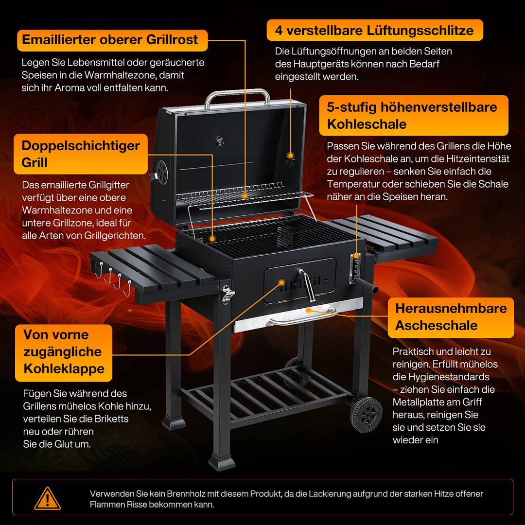 Holzkohlegrill, Gartengrill mit 2 Rädern und Temperaturanzeige, Kohlegrill mit zwei klappbaren Seitenablagen