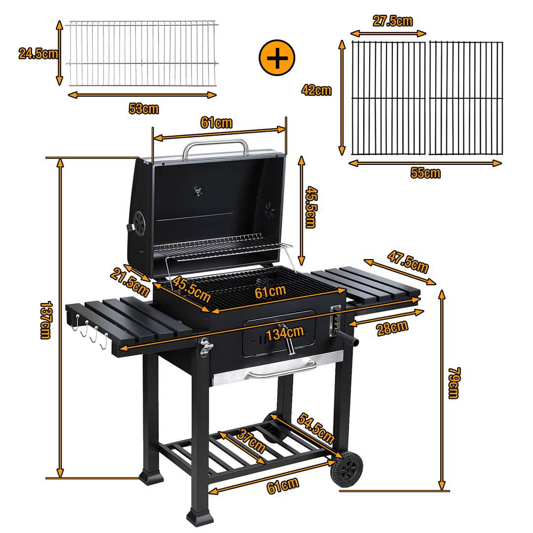Holzkohlegrill, Gartengrill mit 2 Rädern und Temperaturanzeige, Kohlegrill mit zwei klappbaren Seitenablagen