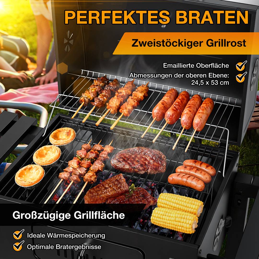 Holzkohlegrill, Gartengrill mit 2 Rädern und Temperaturanzeige, Kohlegrill mit zwei klappbaren Seitenablagen