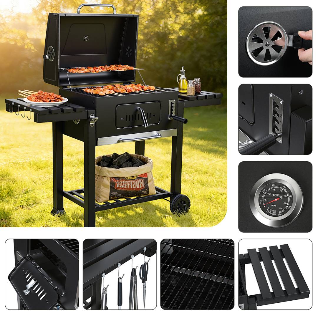 Holzkohlegrill, Gartengrill mit 2 Rädern und Temperaturanzeige, Kohlegrill mit zwei klappbaren Seitenablagen