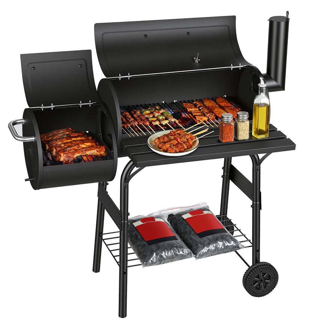 Smoker Holzkohlegrill mit 2 Rädern und Temperaturanzeige, Grillwagen mit Deckel, Schwarz