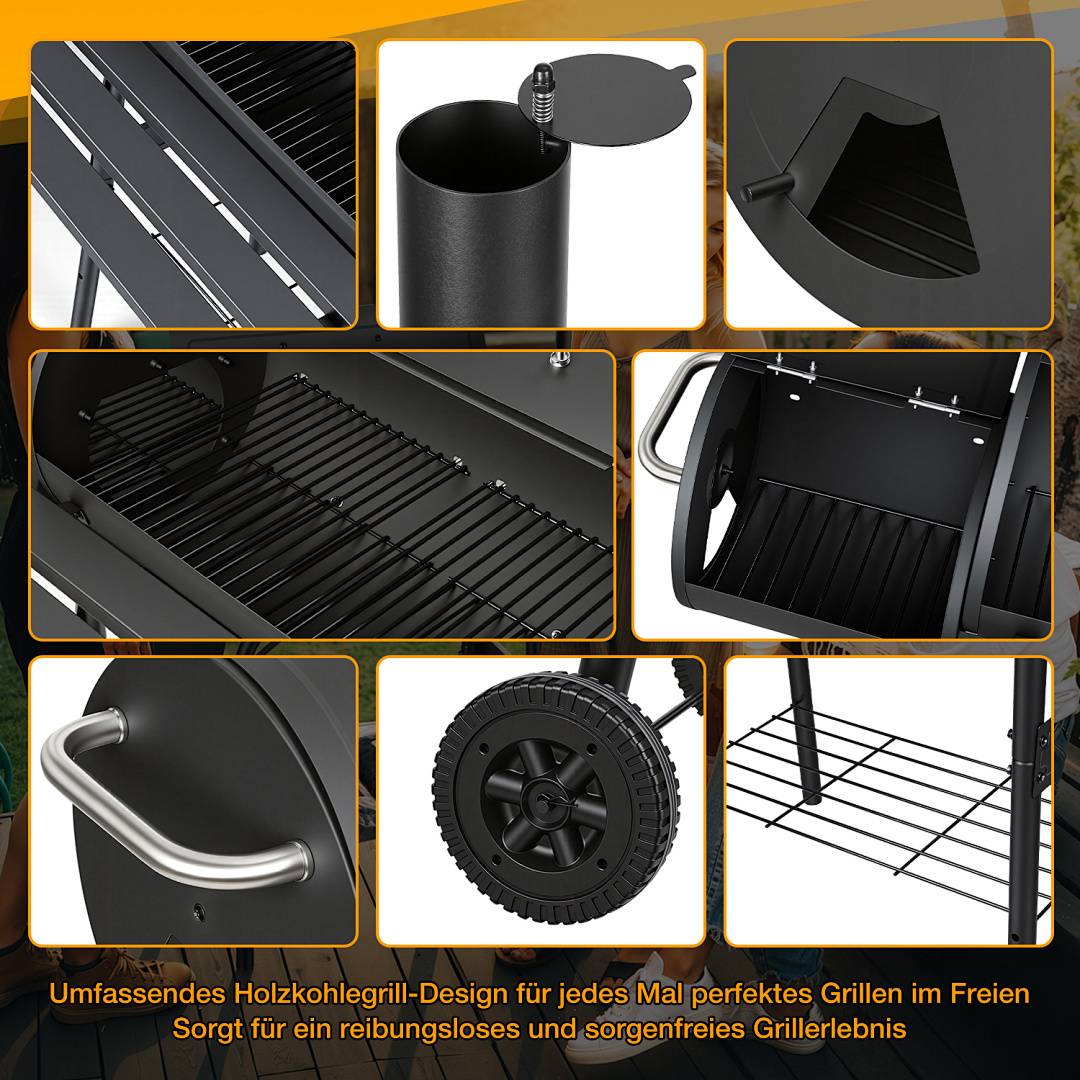 Holzkohlegrill, Schwarz Grillstation auf Rollen mit 2 Kammern, Grillwagen Outdoor Kohlegrill mit 2 Rädern und Temperaturanzeige