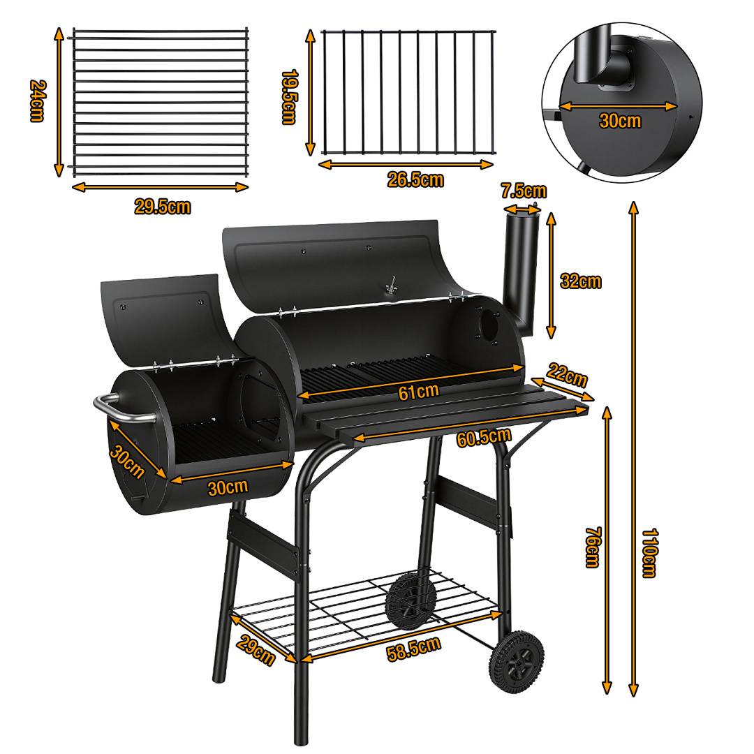 Smoker Holzkohlegrill mit 2 Rädern und Temperaturanzeige, Grillwagen mit Deckel, Schwarz