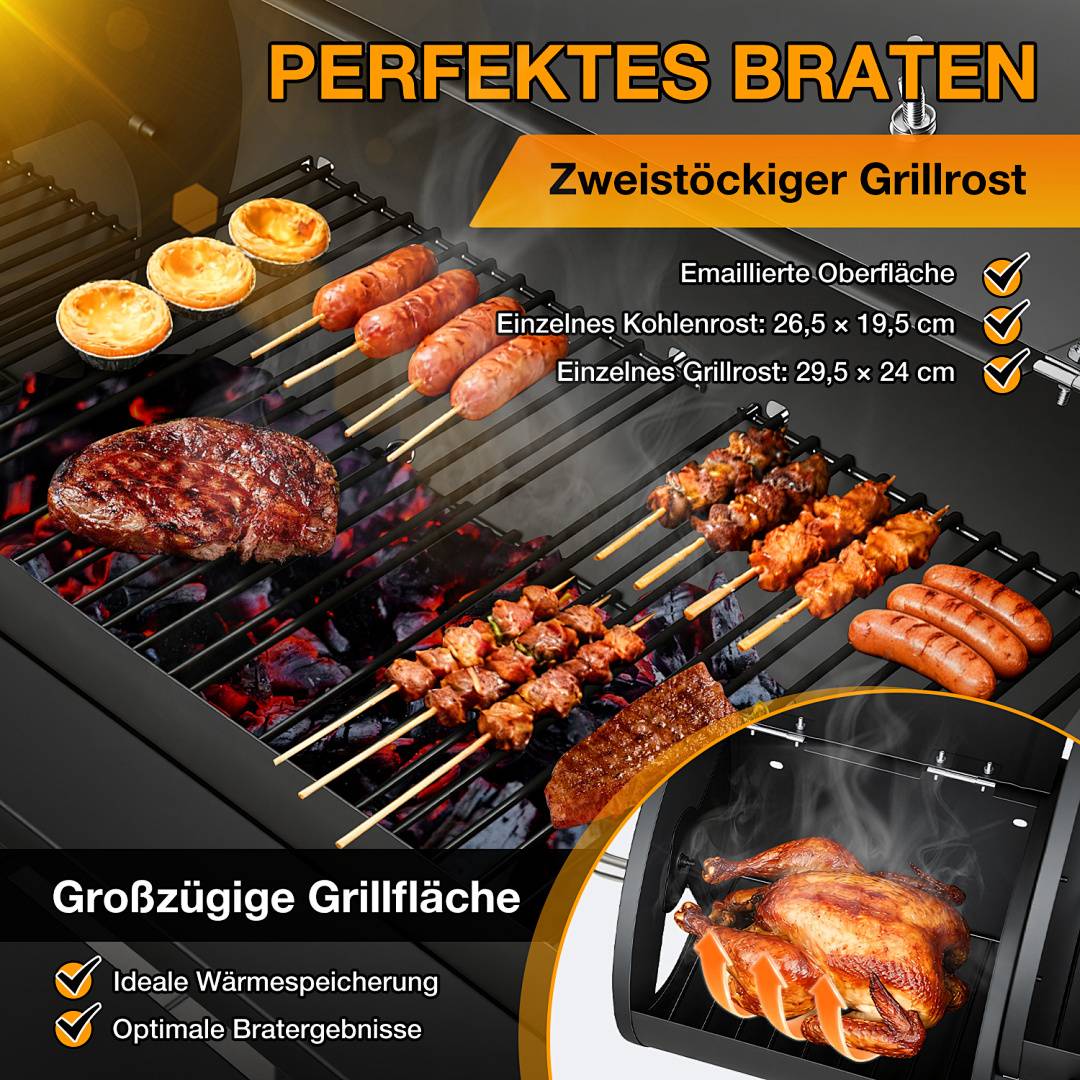 Holzkohlegrill, Schwarz Grillstation auf Rollen mit 2 Kammern, Grillwagen Outdoor Kohlegrill mit 2 Rädern und Temperaturanzeige