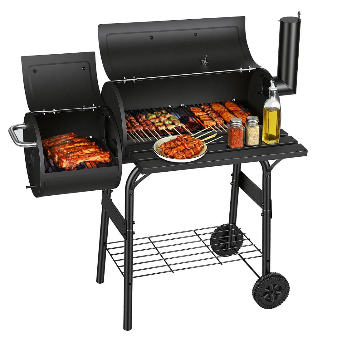 Holzkohlengrill mit Grillrost, Grillstation auf Rollen mit 2 Kammern, Grillwagen Gartengrill mit 2 Rädern und Temperaturanzeige