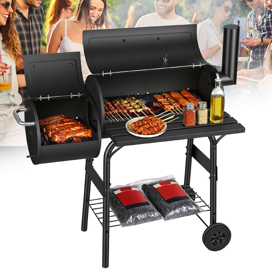 Holzkohlegrill, Schwarz Grillstation auf Rollen mit 2 Kammern, Grillwagen Outdoor Kohlegrill mit 2 Rädern und Temperaturanzeige