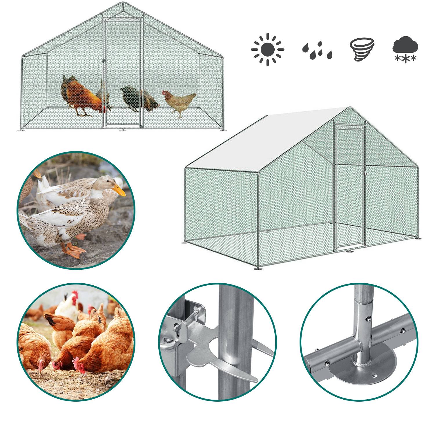 Hühnerstall 3x2x2 m mit Dach, Metall Freilaufgehege verzinkt