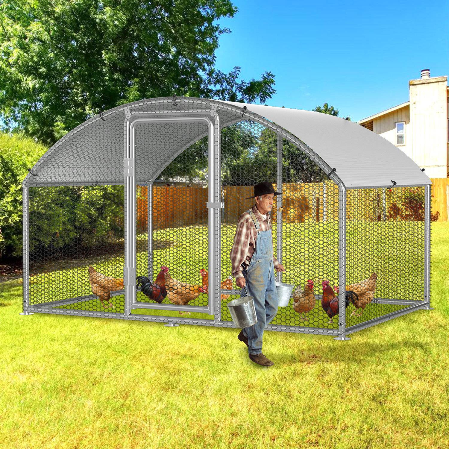 Hühnerstall 3x2x2 m mit Kuppeldach, Metall Freilaufgehege verzinkt