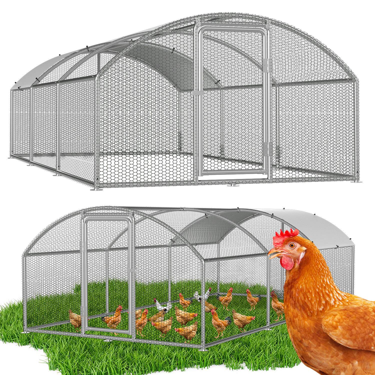 Hühnerstall 3x6x2 m mit Kuppeldach, Metall Freilaufgehege verzinkt
