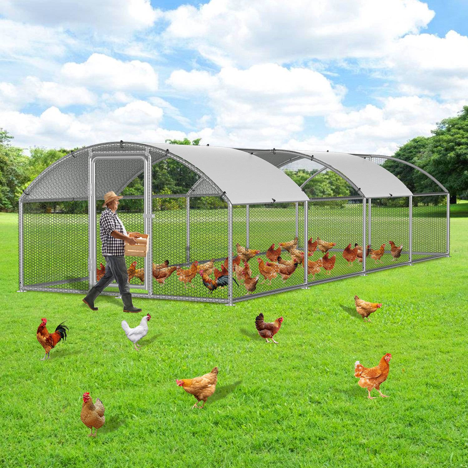 Hühnerstall 3x8x2 m mit Kuppeldach, Metall Freilaufgehege verzinkt