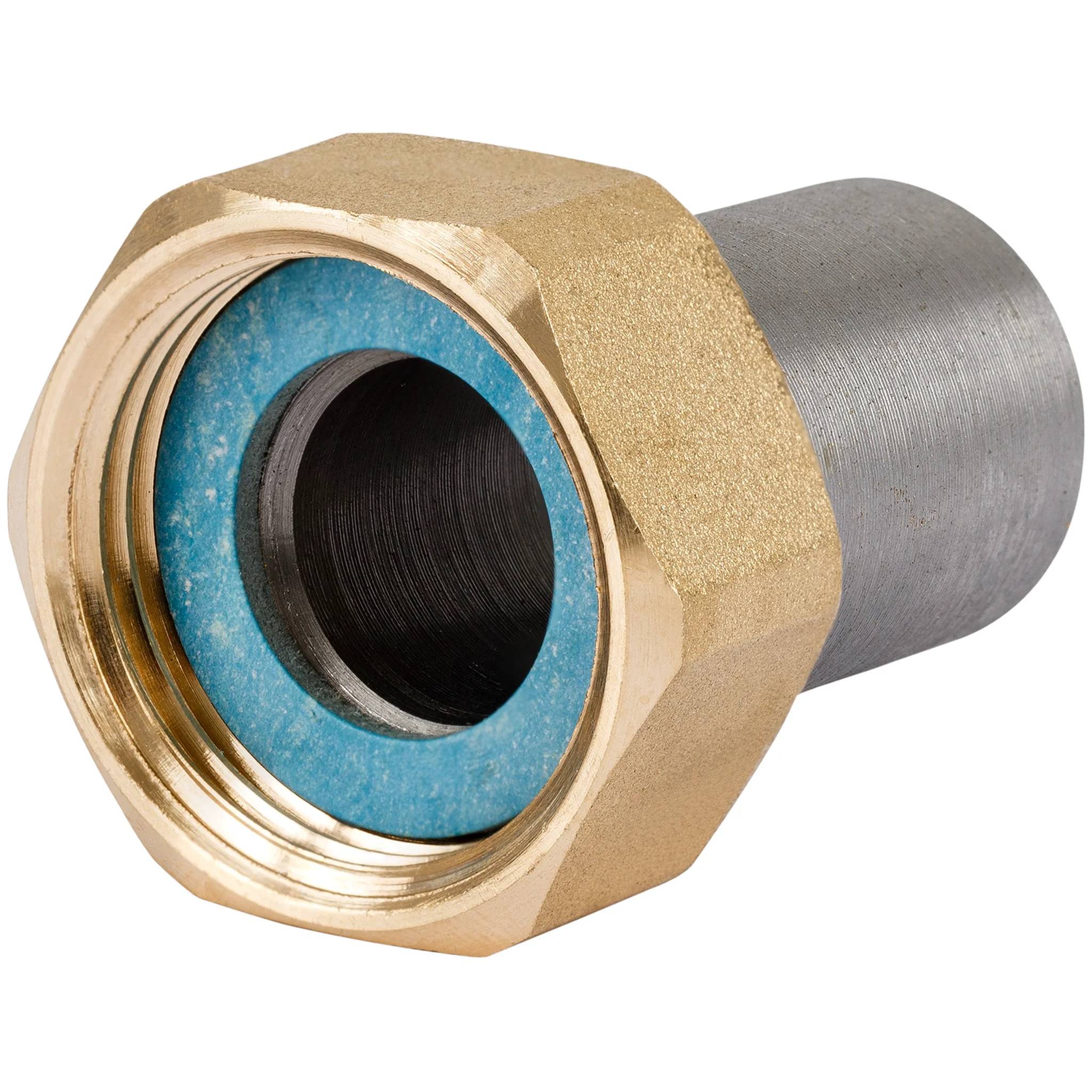 Metallrohrfitting mit Messingkantenmutter, Gewindeöffnung und grauem zylindrischem Verbinder