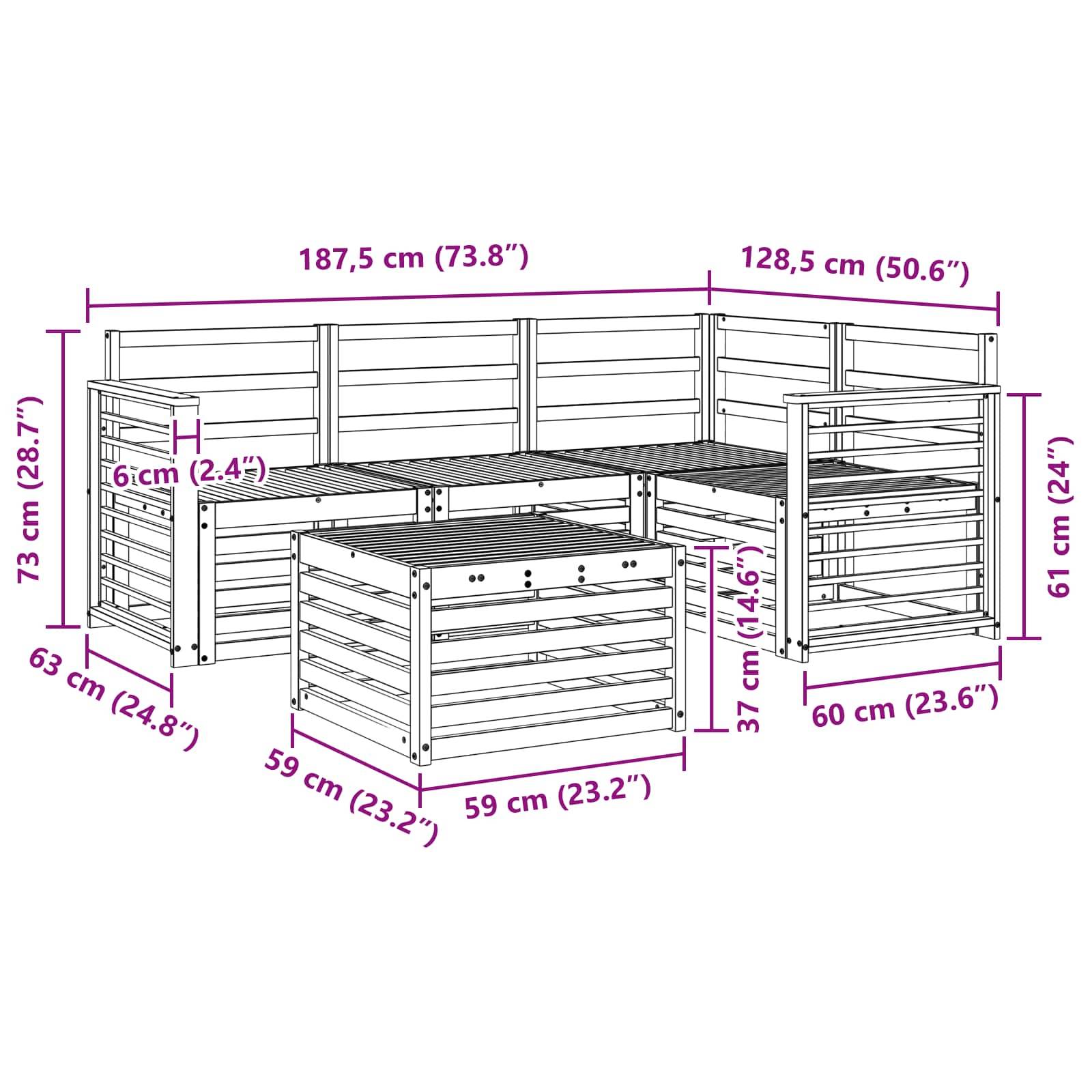 Maßstabsgerechte Zeichnung eines L-förmigen Outdoor-Sitzmöbel-Sets mit Eckplatz und zwei Seitenbänken, mit Gesamt- und Komponentenmessungen in cm und Zoll.